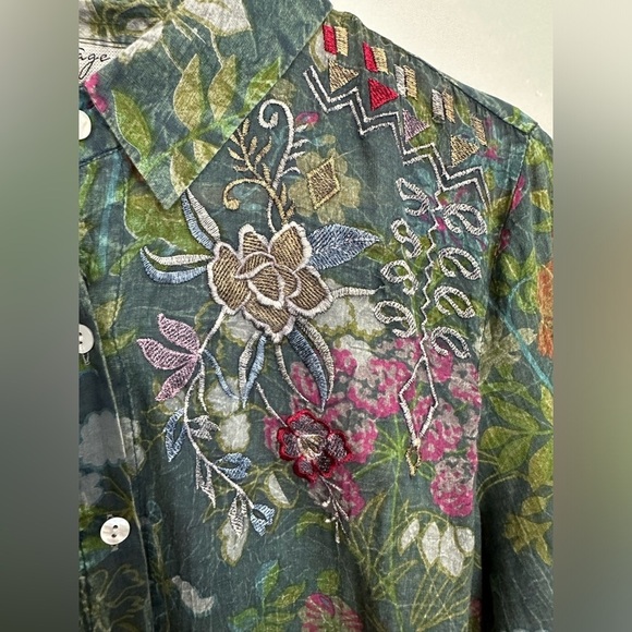 Vintage Goa Green Floral Embroidered Button Down Shirt-Dress Top Sz M - Picture 7 of 11